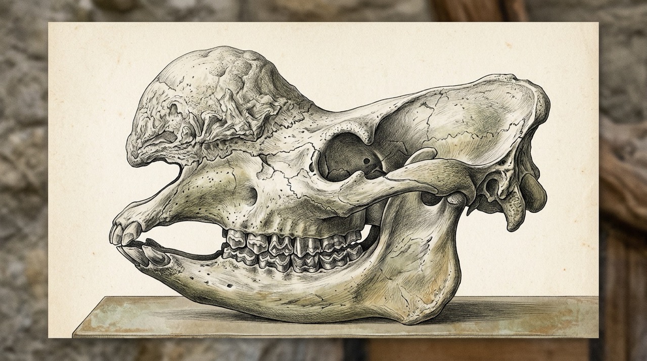 Scientific specimen illustration of a large fossil rhinoceros skull in strict lateral profile